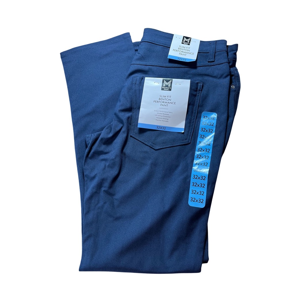 Members Mark Benton Performance Pant Slim Fit Navy Blue 32x32 NWT Wrinkle Resist